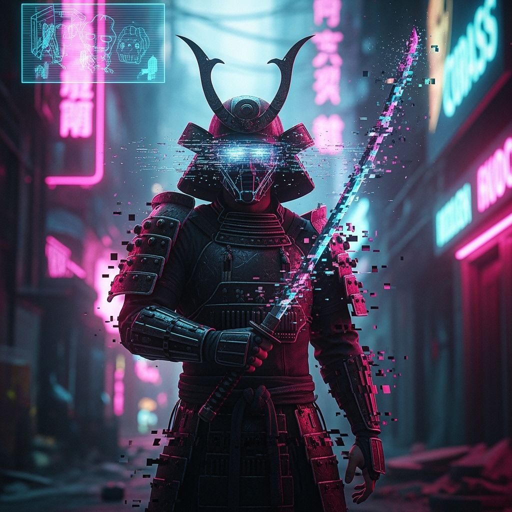 Cyberpunk Samurai Warrior in Glitch Art Style