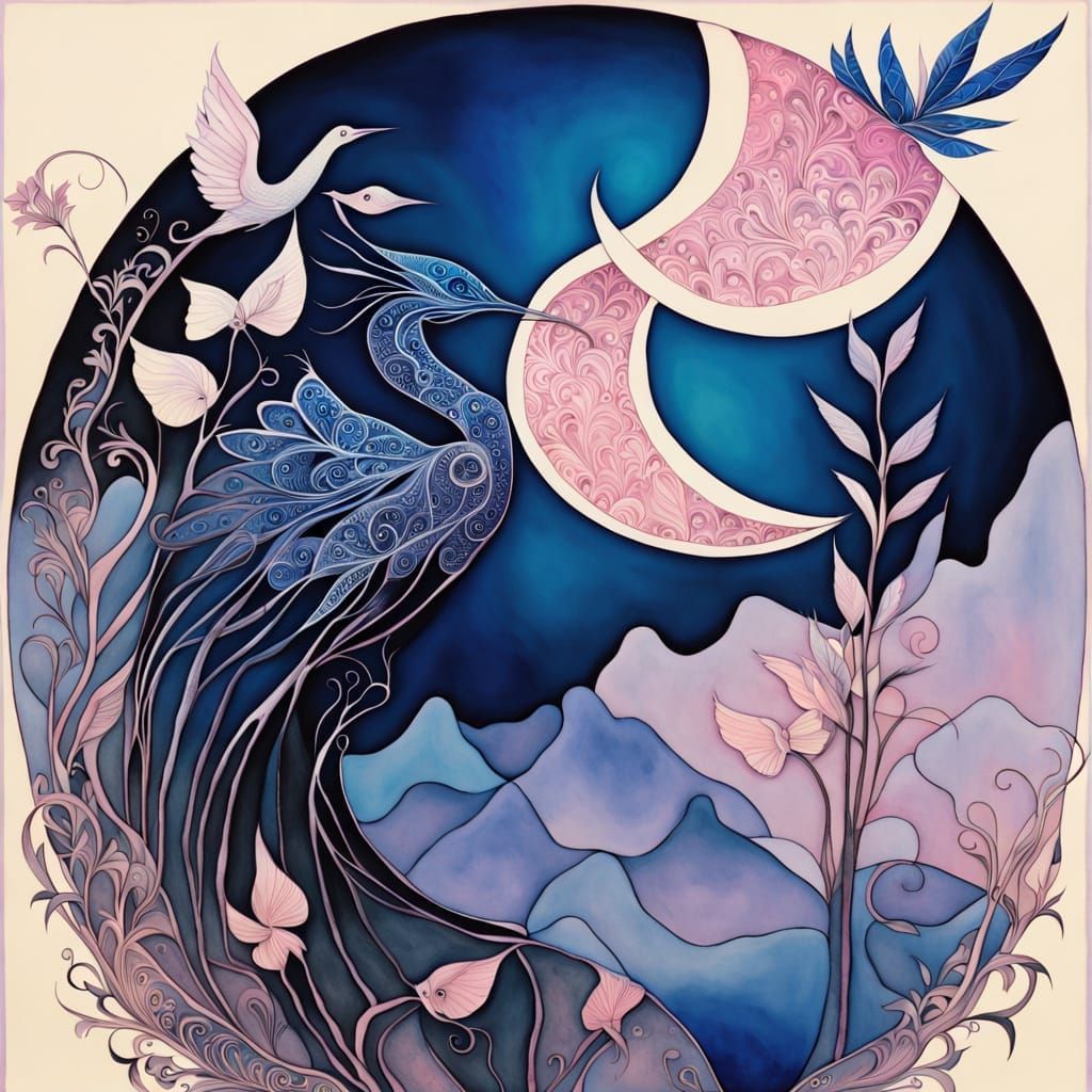 Ink Silhouette: Spirit Bird and Moon