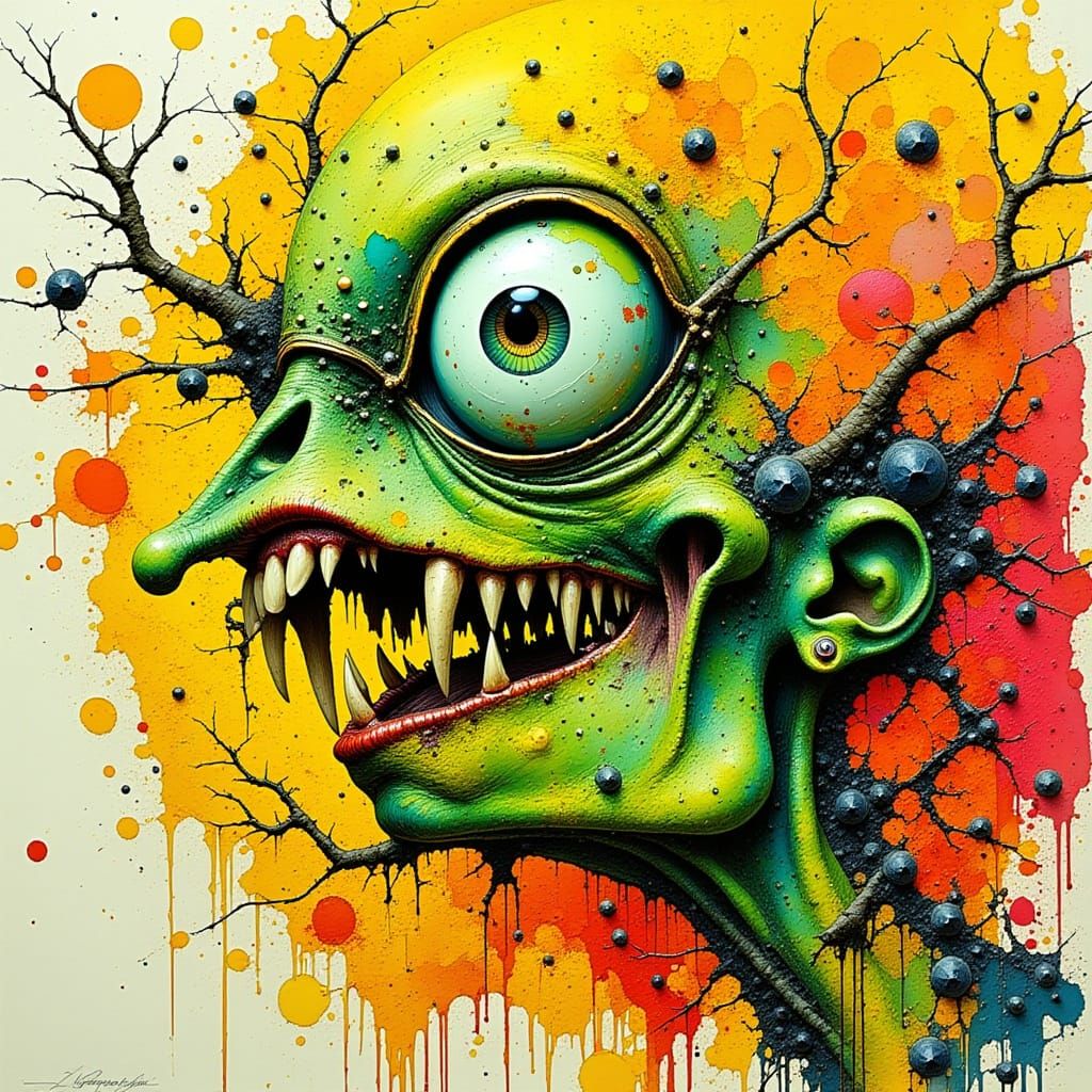 Chaotic Gonzo Illustration with Cracked Paint Texture