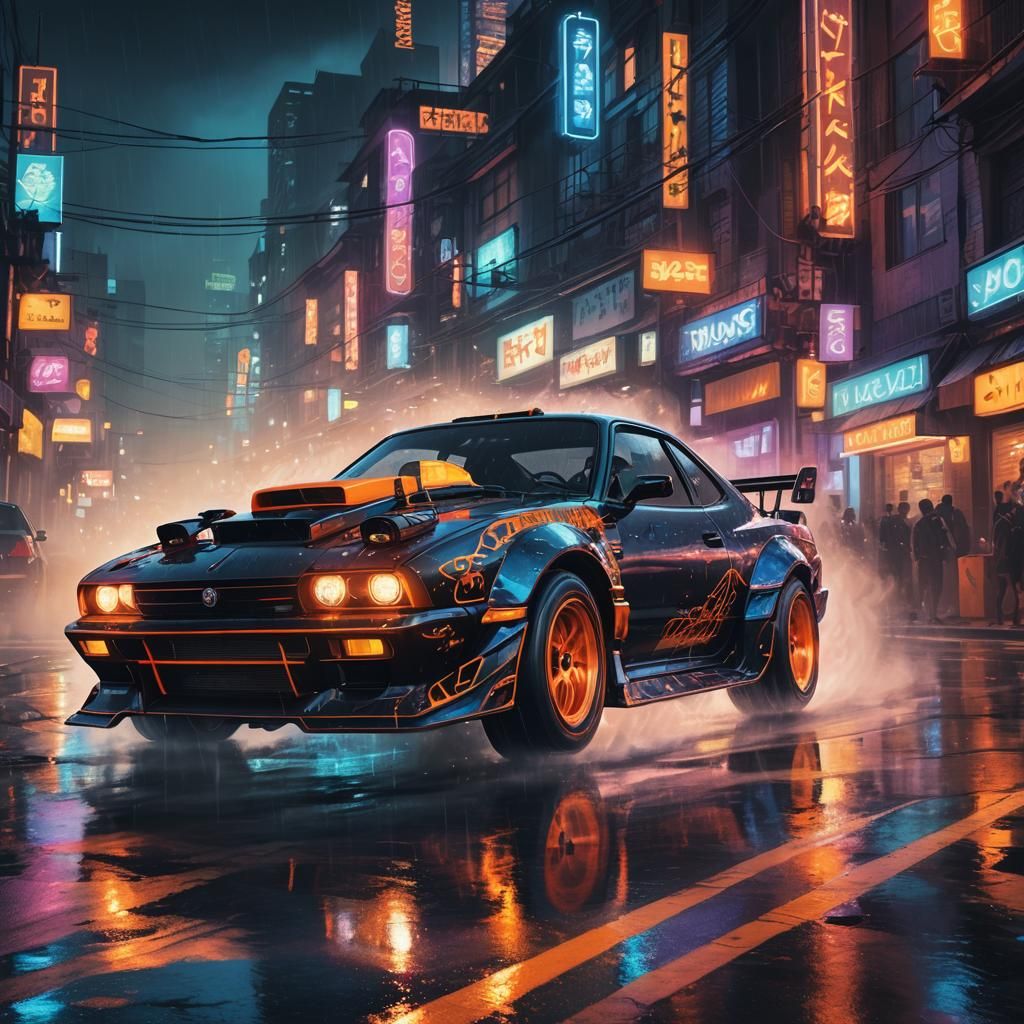 Neon Drift Car in Cyberpunk Cityscape