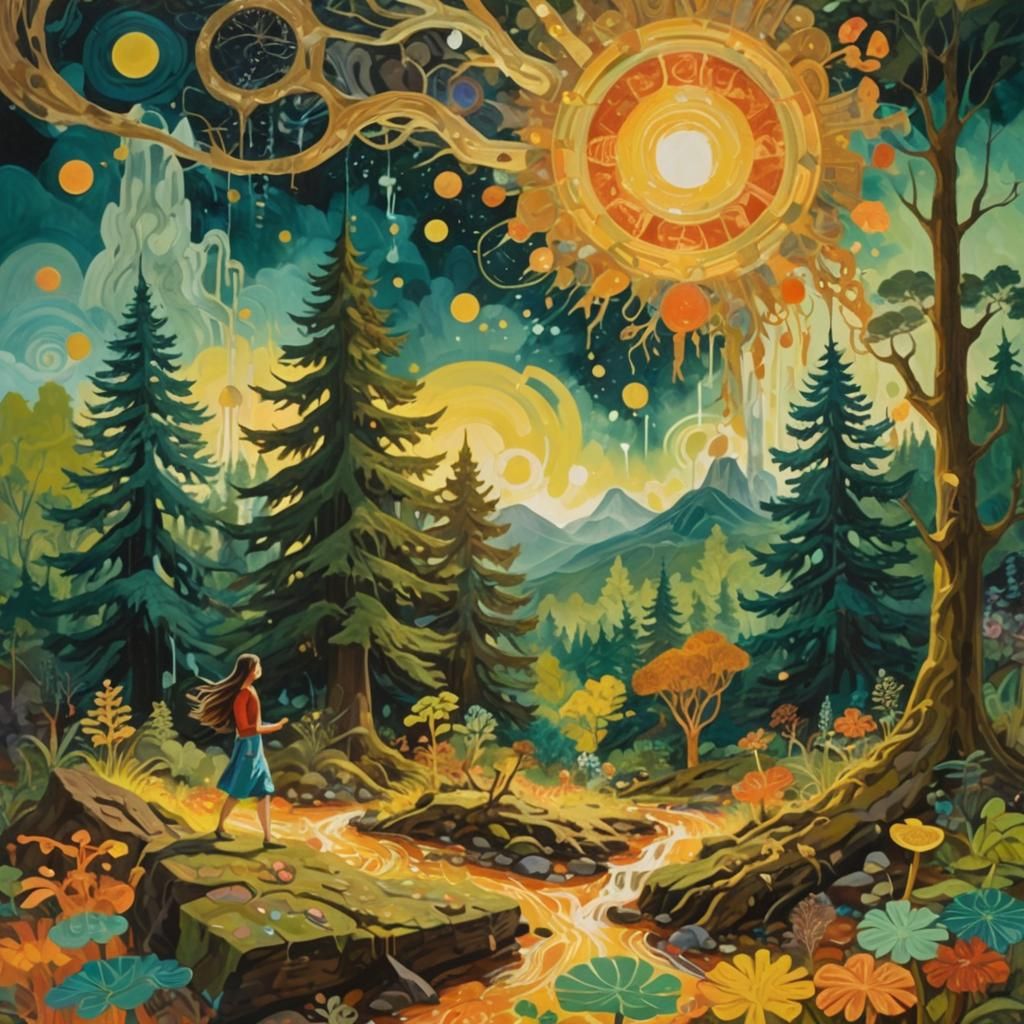 Mystical Forest Clearing: Gouache Painting with Tribal Symbo...