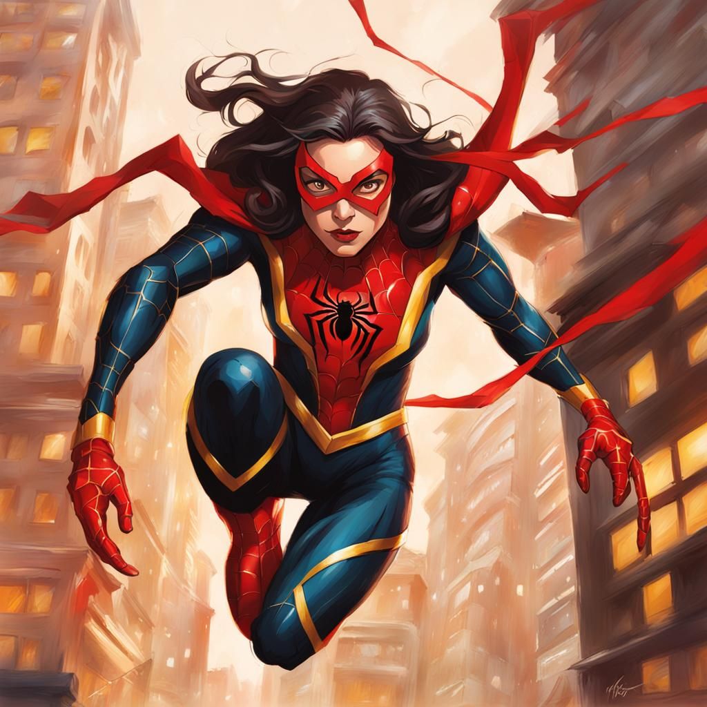 Dynamic Spider-Woman Illustration in Painted Style