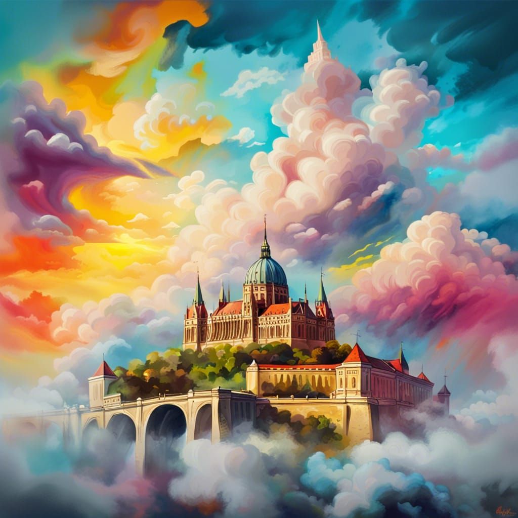 Buda Castle Over Clouds: A Graffiti Art Masterpiece