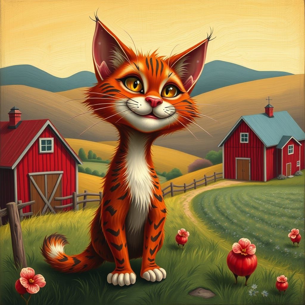 Whimsical Feral Cat Caricature on a Farm