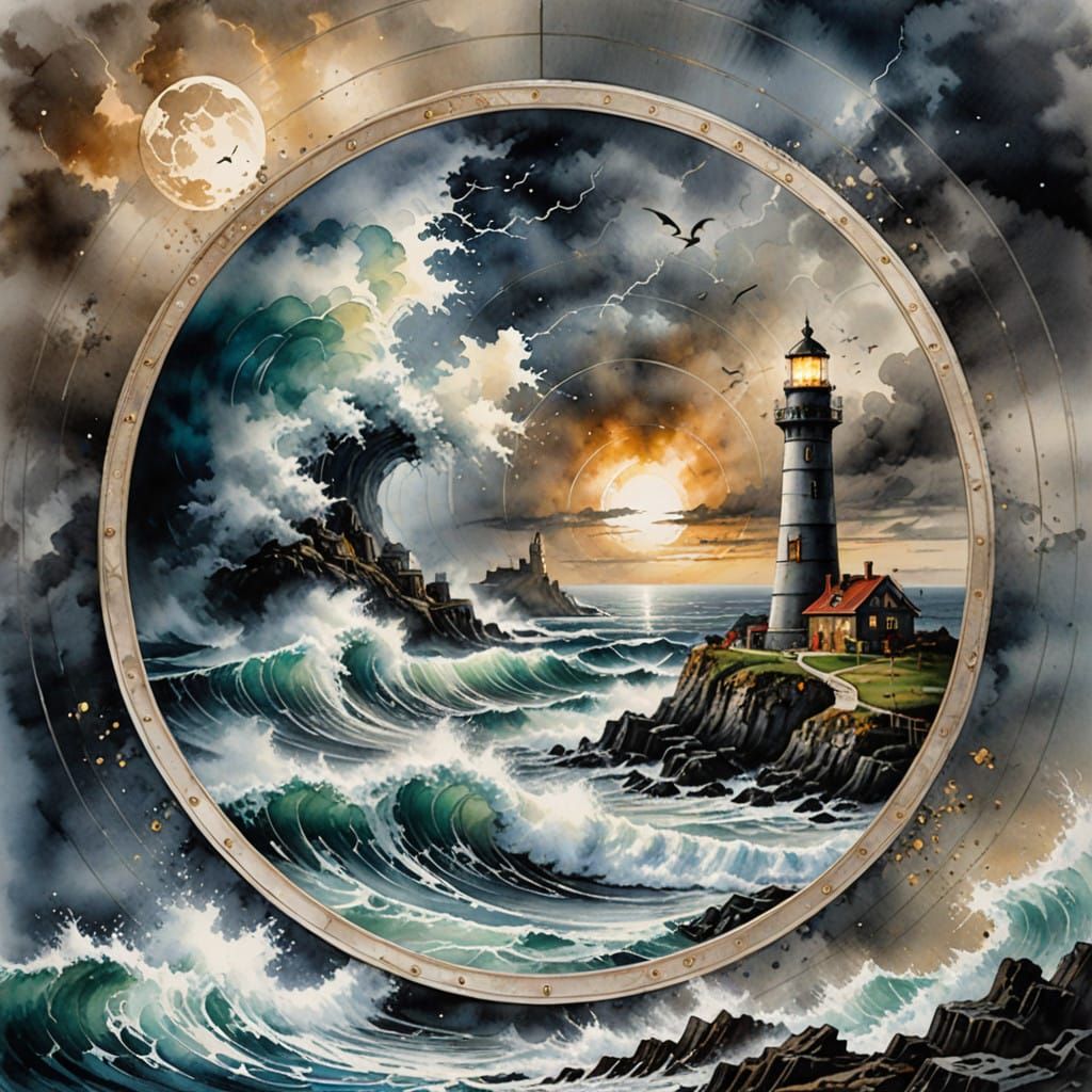 Fantasycore Lighthouse Scene in Vibrant Watercolor Ink