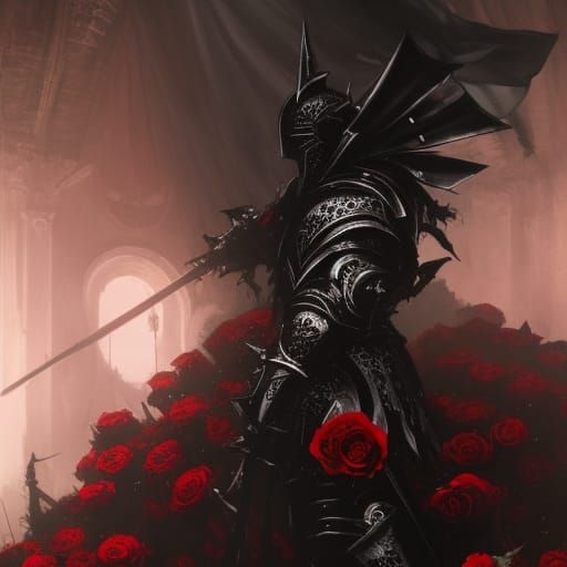 Unholy Paladin in Crimson Armor on Bed of Roses