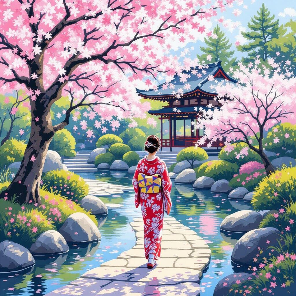Spring Japanese Garden with Woman in Kimono, Pointillism Sty...