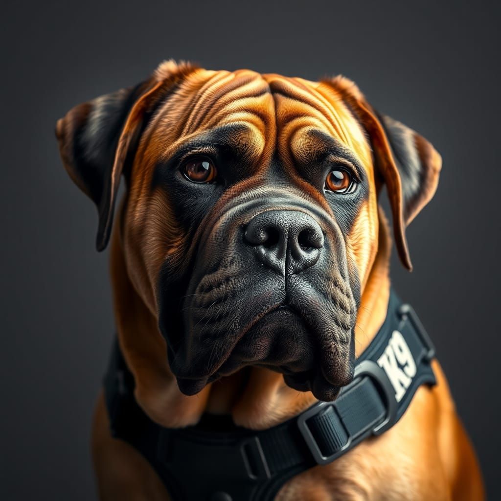 Majestic French Mastiff in K9 Harness: Photorealistic Portra...