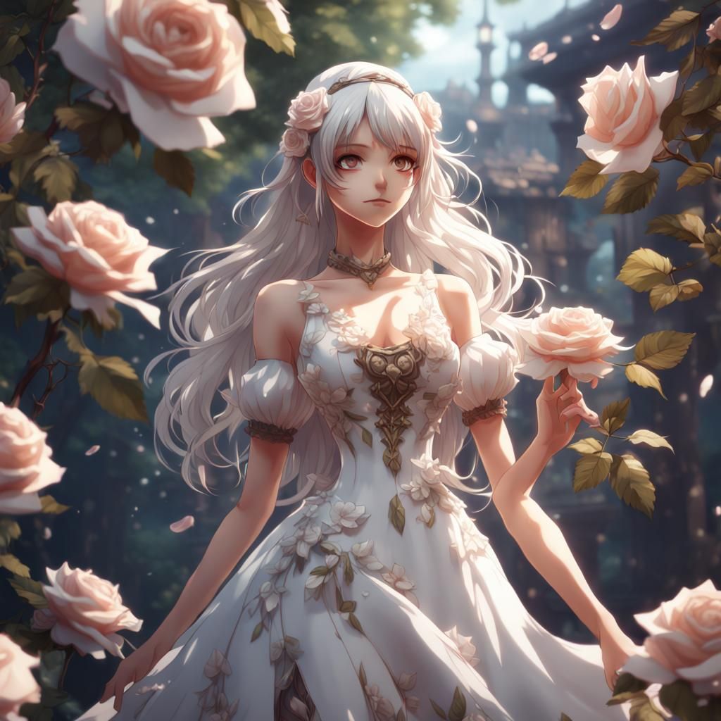 Anime Girl in Rose Dress: Detailed Fantasy Art