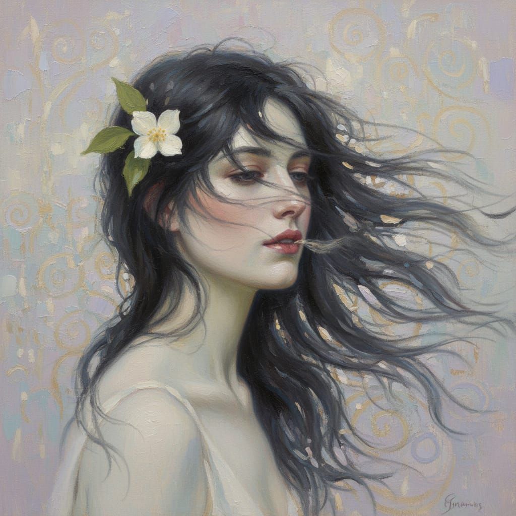 Dreamy Oil Painting of Woman with Jasmine in Hair