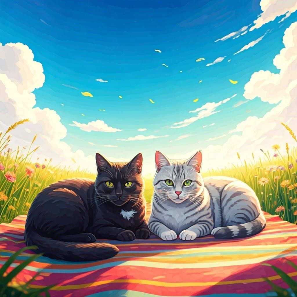 Sleek Cats Bask in Vibrant Meadow