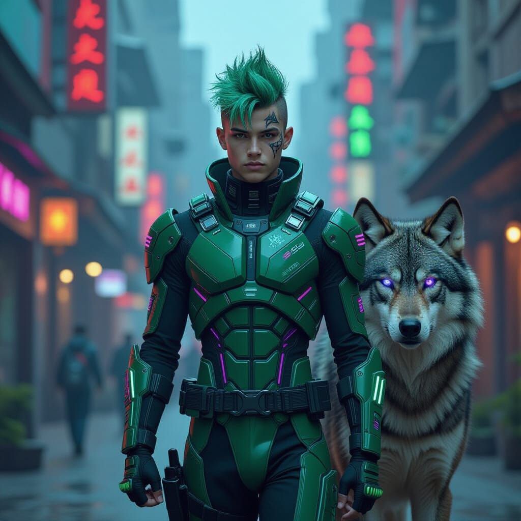 Cyberpunk Boy with Electric Whips and Wolf Companion