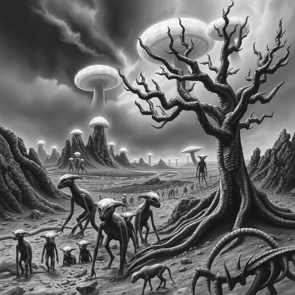 Alien Landscape with Bioluminescent Mushrooms in Dark Fantas...