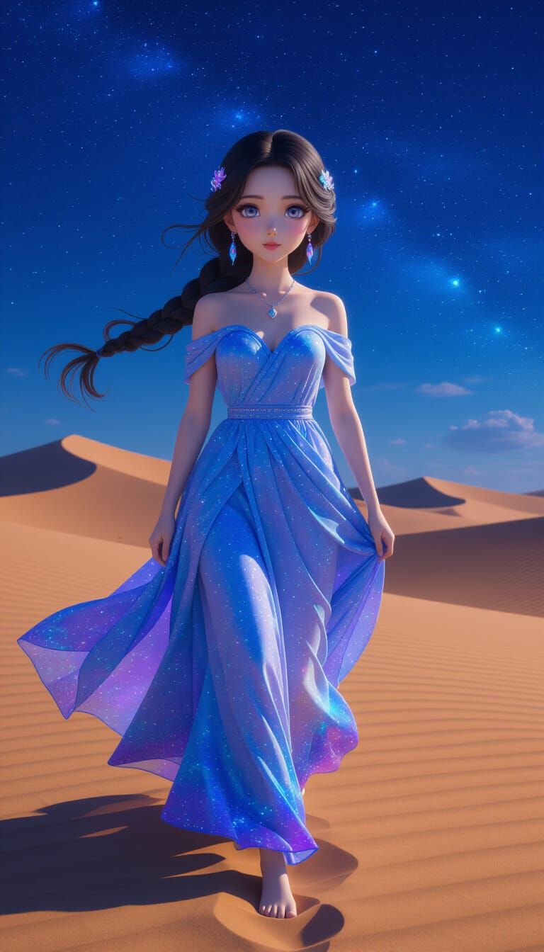 Braided Anime Girl on Desert Dune in 3D Style