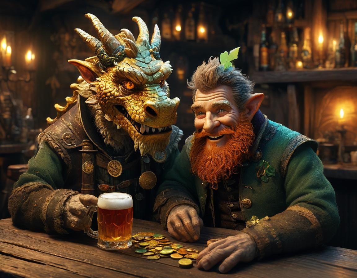 Luck Dragon and Leprechaun in Cozy Tavern, Digital Art