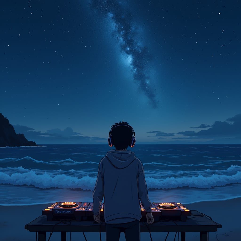 DJ on Starry Beach in Anime Style
