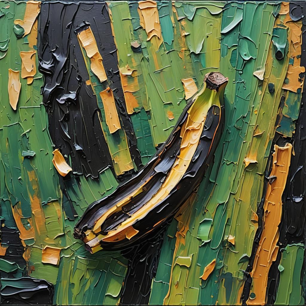 Expressionist Oil Painting: Black Rectangle on Banana