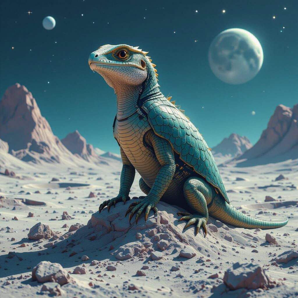 Reptilian Bird on Lunar Surface, Sci-Fi Art