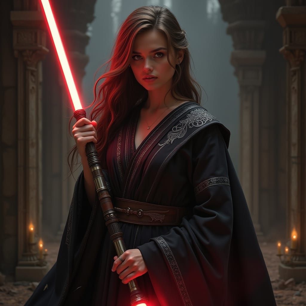 Sorceress Ignites Red Lightsaber in Dark Fantasy Realm