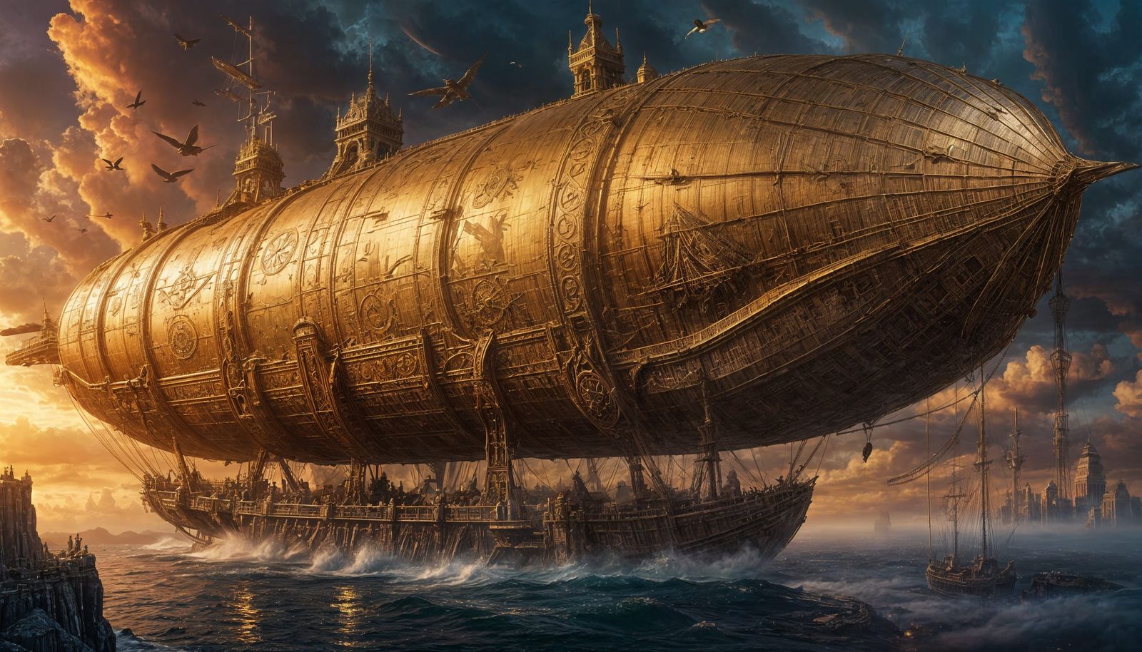 Epic Gold Airship in Dramatic Sky, Digital Painting