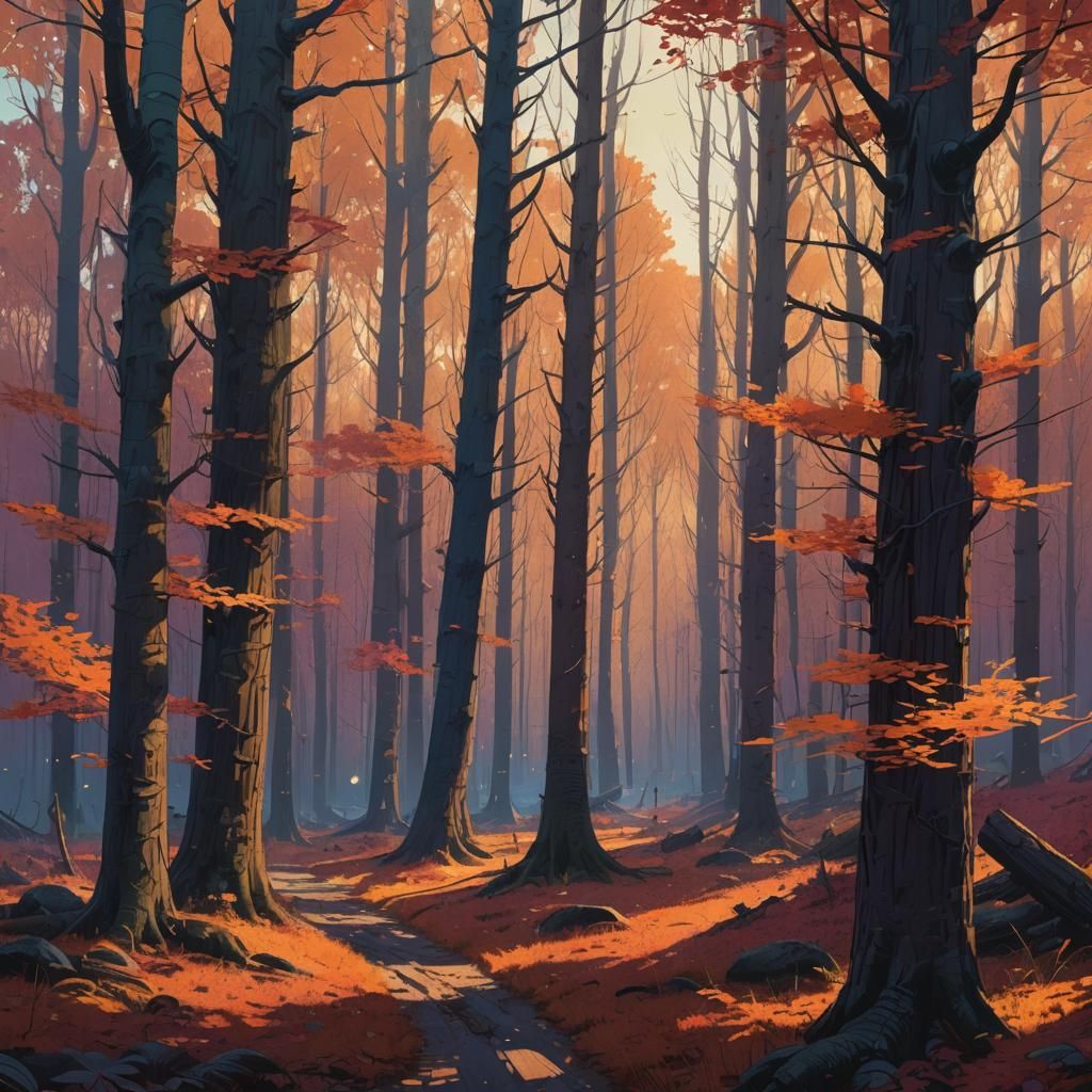 Autumnal Forest Landscape Art in Fantasy Style