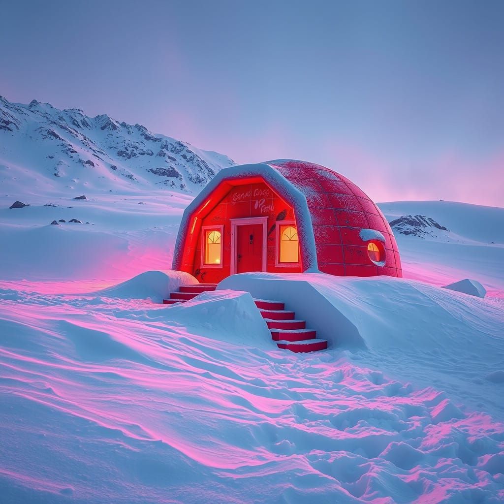Neon-Lit Igloo House in Vibrant Red, Set Amidst Snowy Mounta...