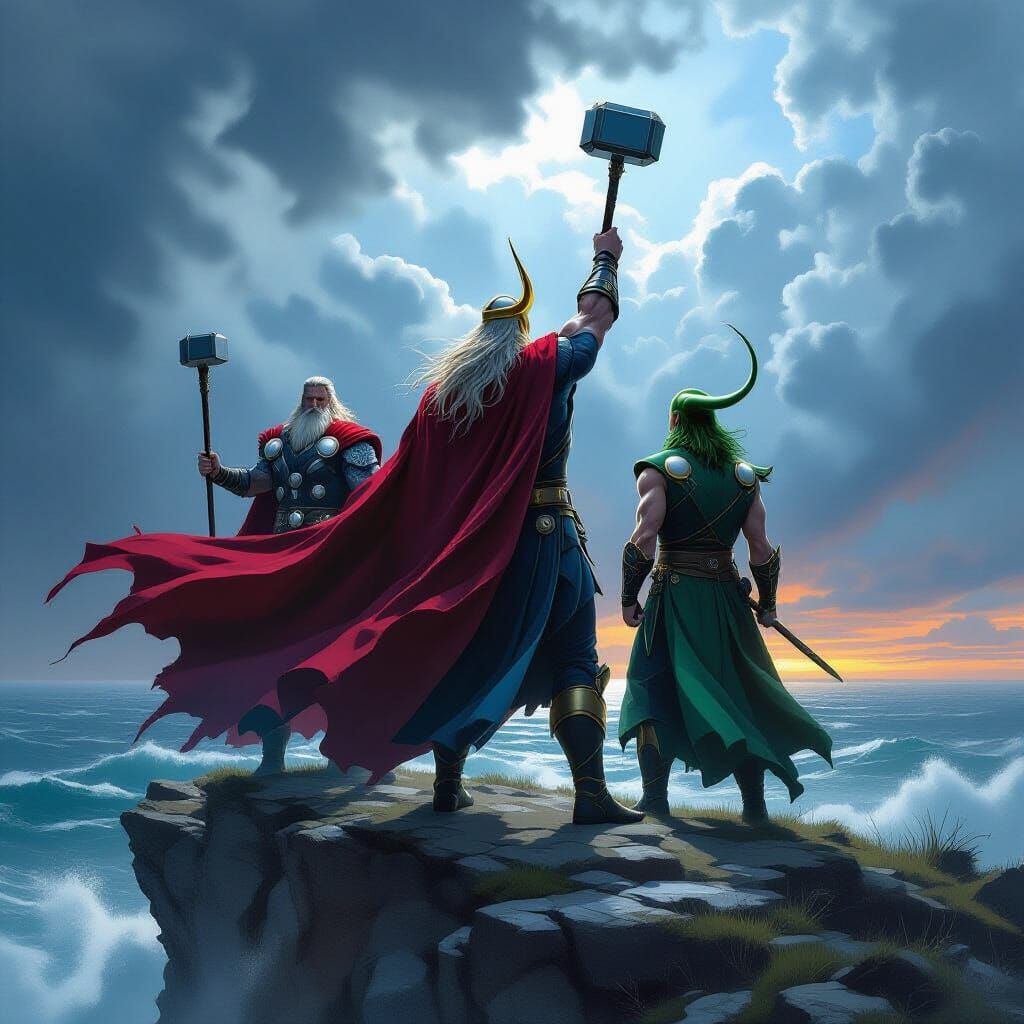 Odin Thor And Loki On Stormy Cliff