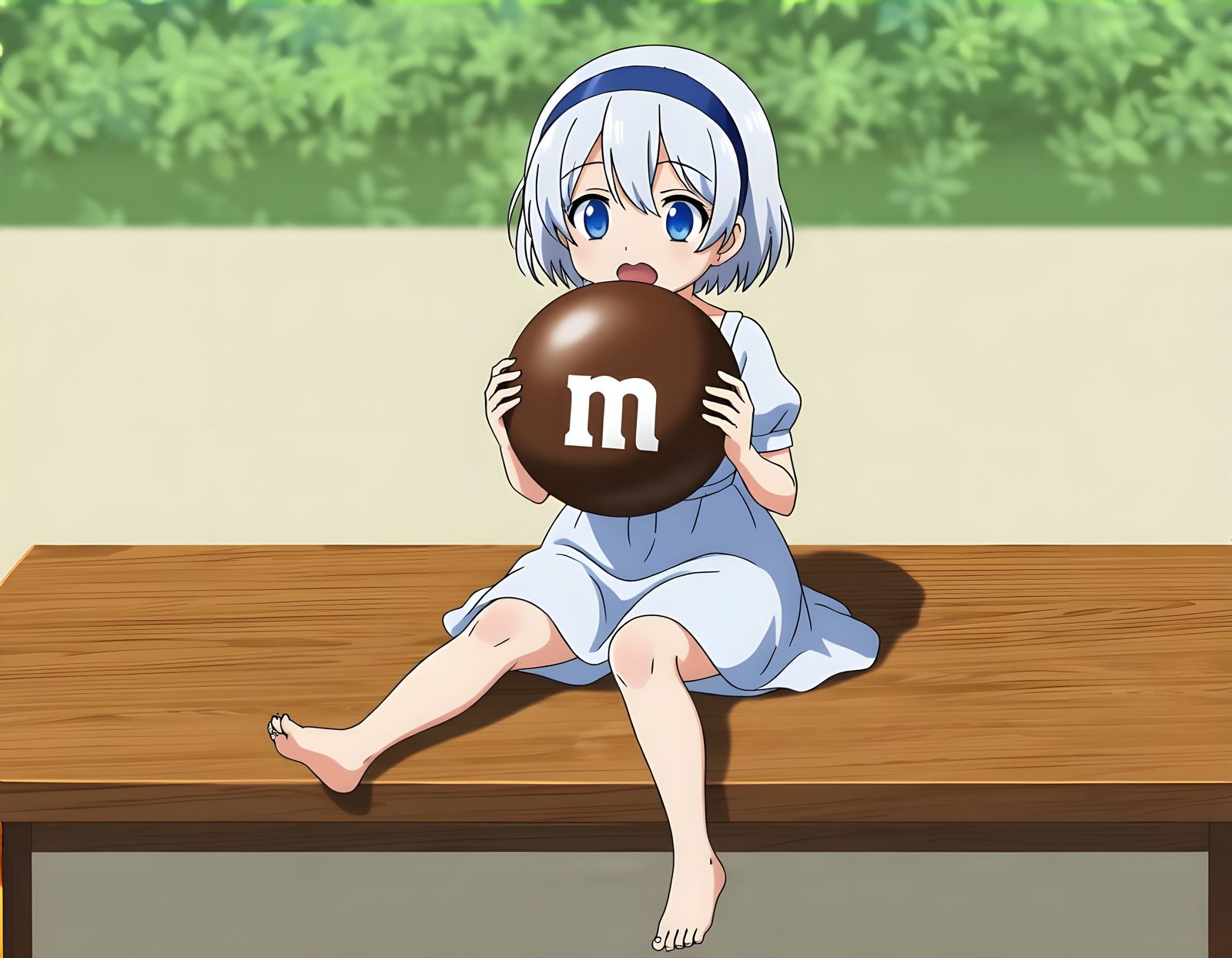 Miniature Girl Bites Giant M&M in Anime Style