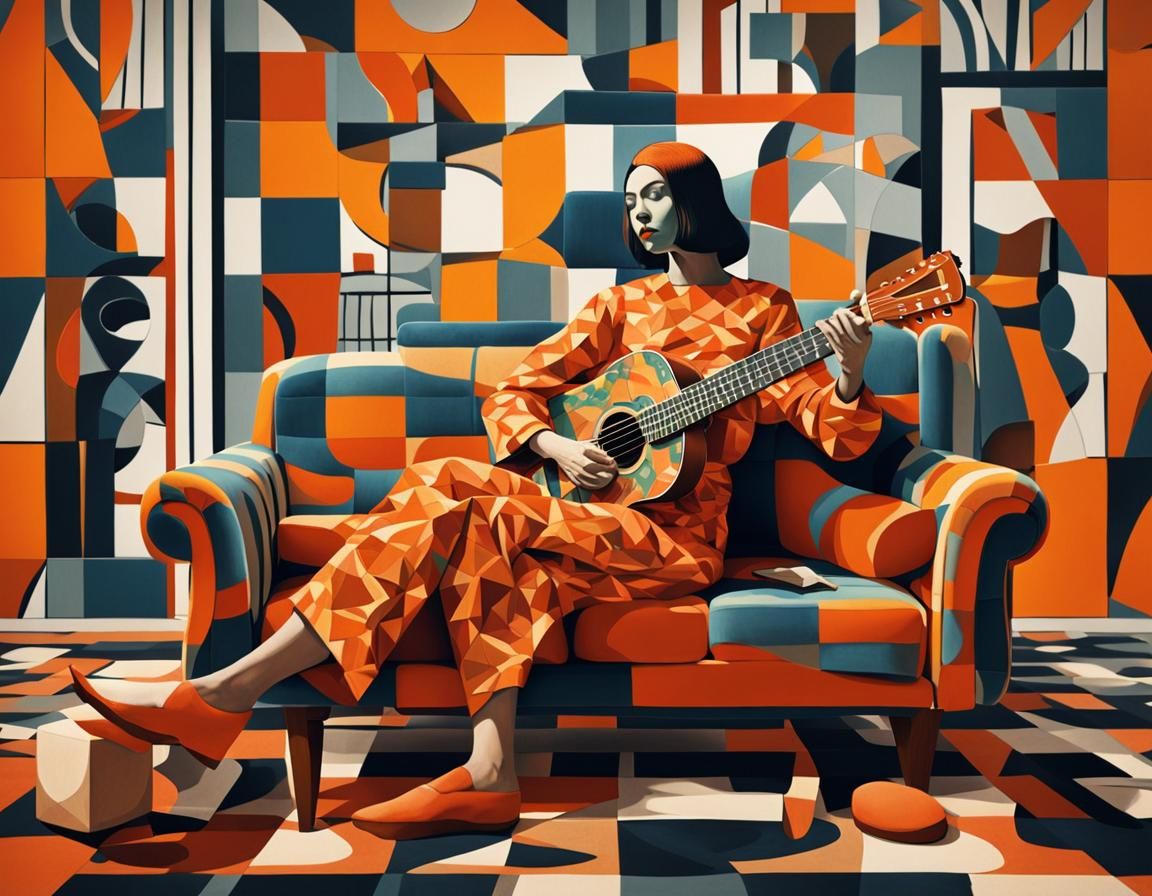 Cubist Woman Playing Guitar in Shades of Orange