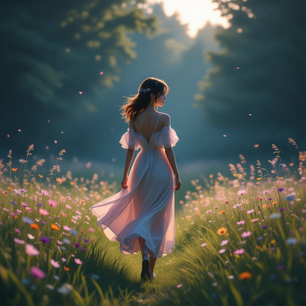 Woman Walks to Sunlight in Anime 3D Art Style