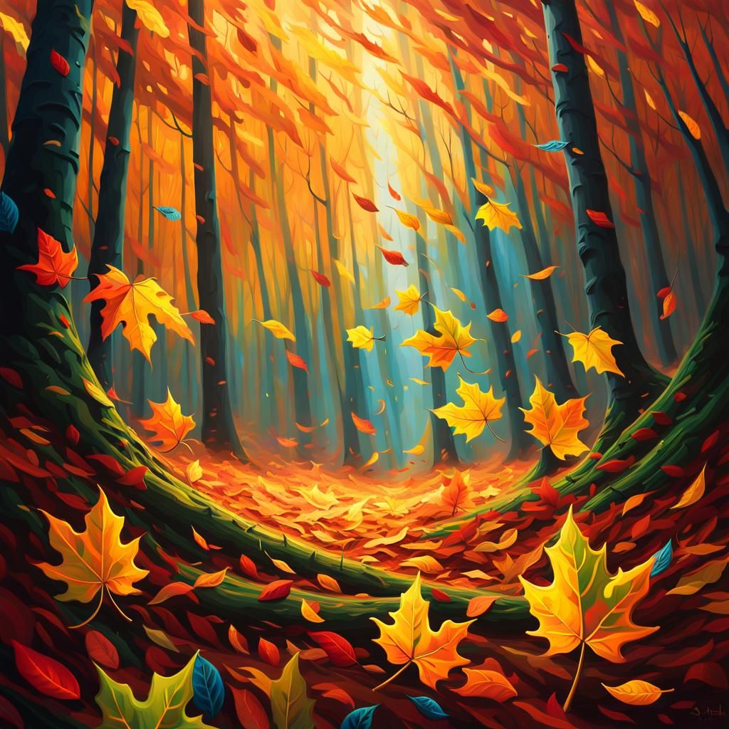 Whirlwind of Autumn Leaves in Oil Painting Style