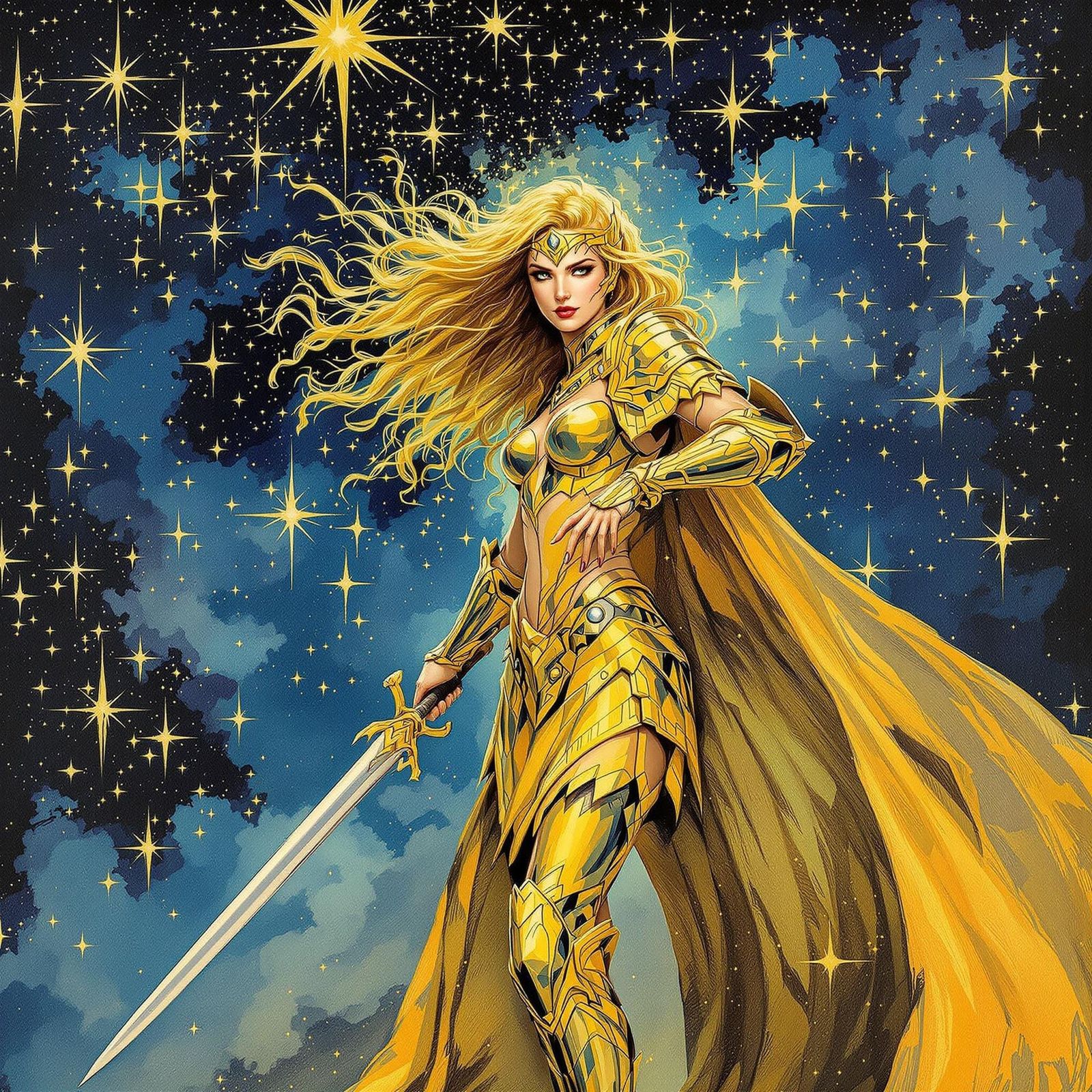 Celestial Swordswoman in Golden Armor, Gouache Style
