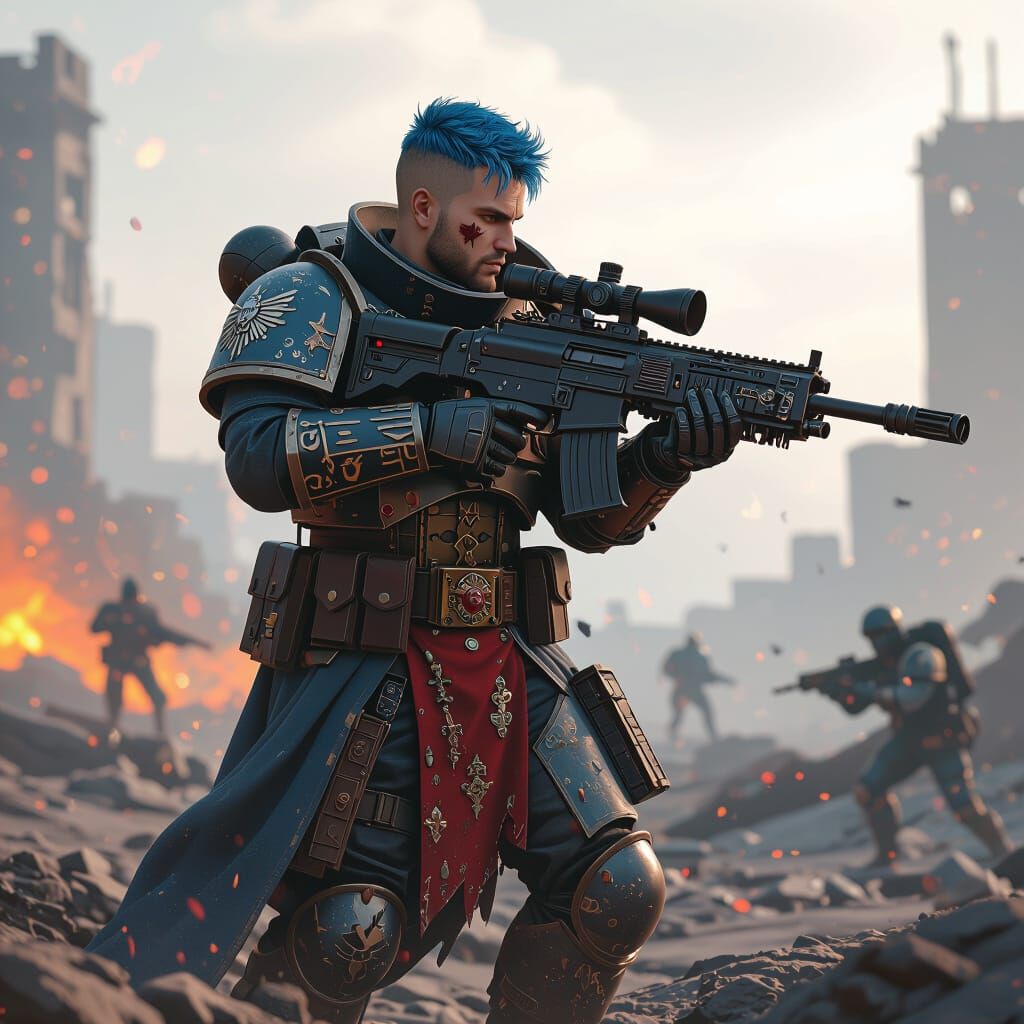 Warhammer 40k Sniper with Blue Hair on Battlefield