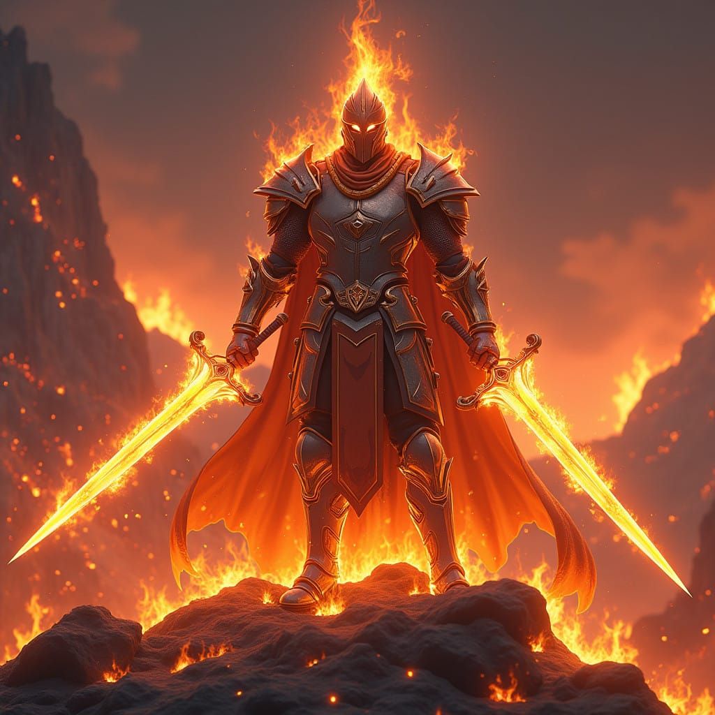 Majestic Knight in Scorched Armor, Standing on a Volcano of...
