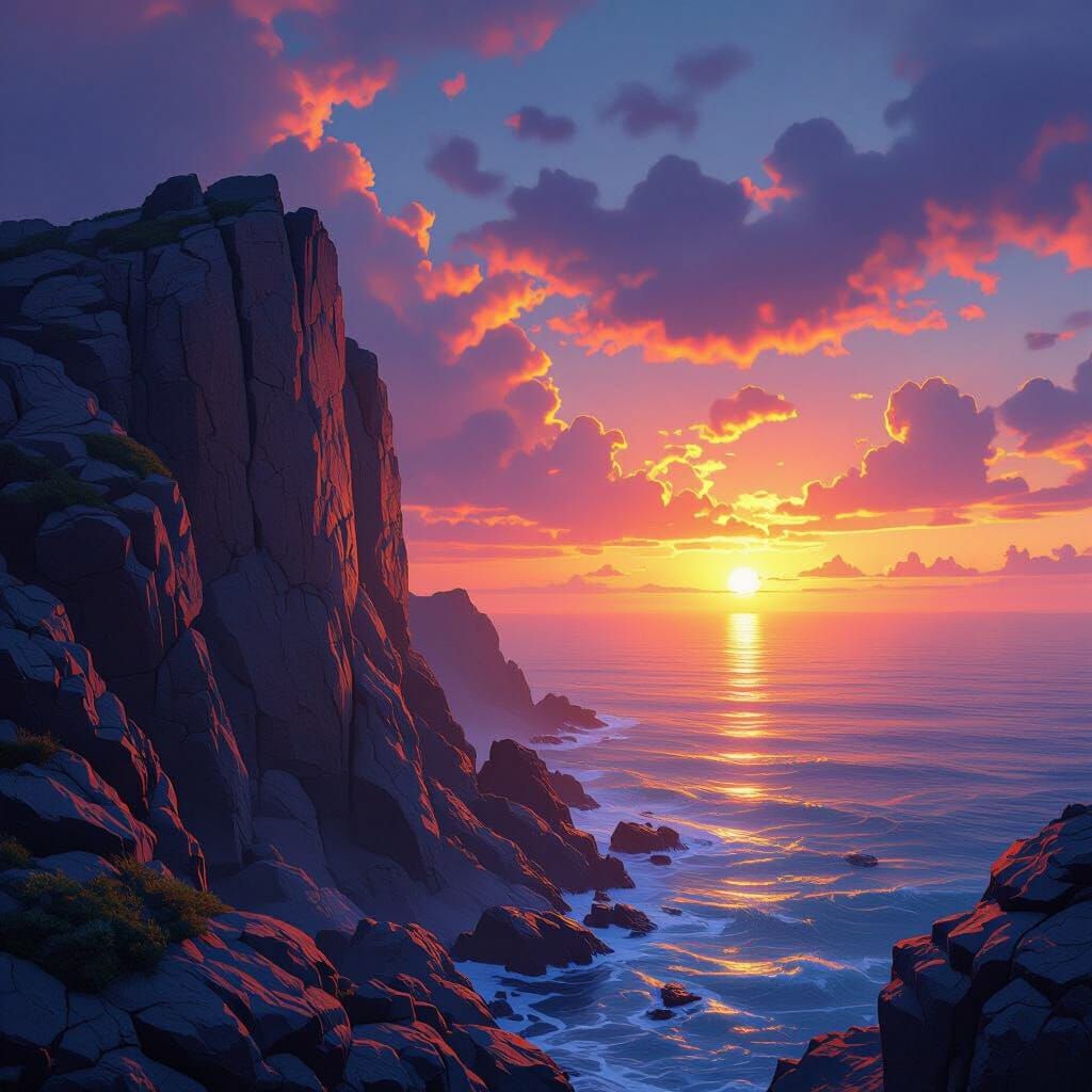 Dramatic Sunset Over Rugged Cliffside in Fantastical Colors