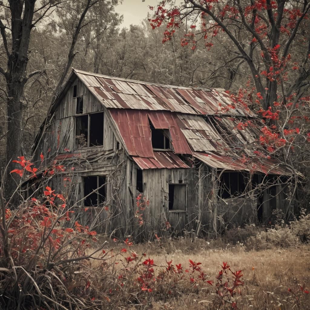 Dilapidated Barn and Abandoned Truck with Kintsugi