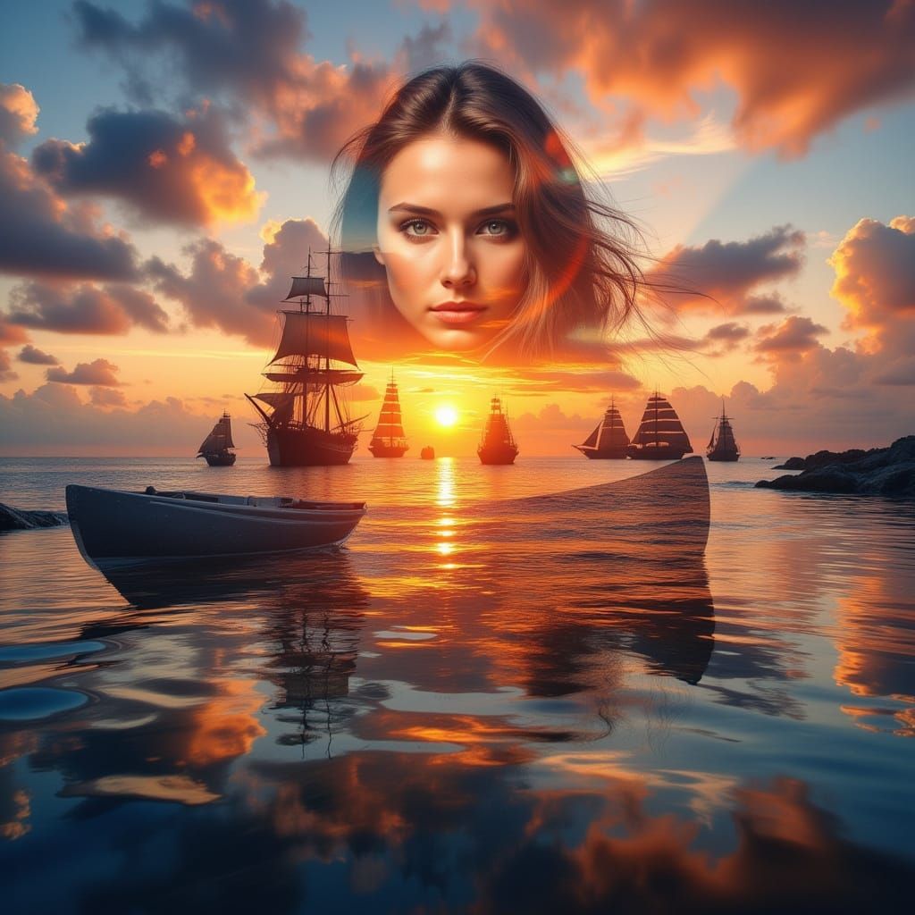 Double Exposure: Woman on Pond Merged with Sailing Ships