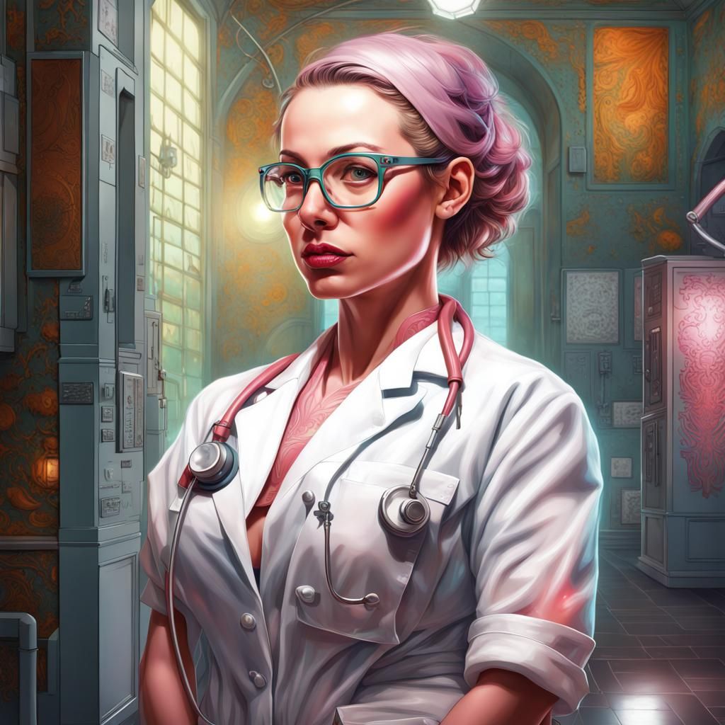 Attractive Surgeon Relaxing in Detailed Hallway