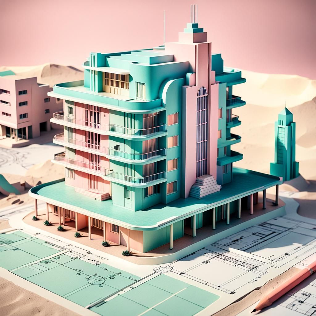 An architecture's 3D model next to the colour drawing plans ...