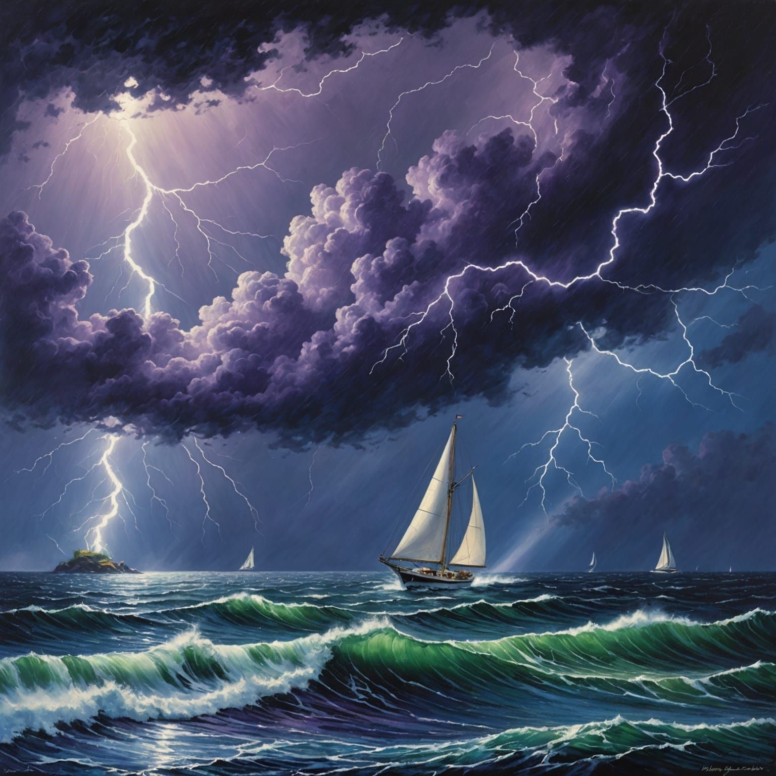 Sailboat Battling Lightning Storm in Pointillism