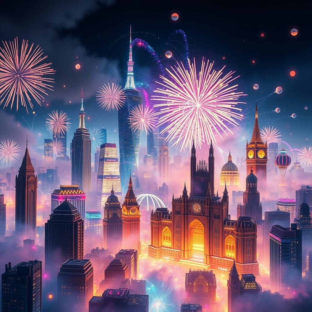 Dreamlike Cityscape of Exploding Fireworks