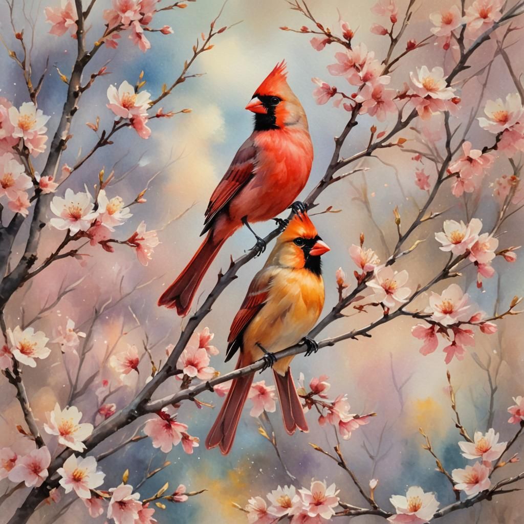 Red Cardinal Among Cherry Blossoms in Watercolor