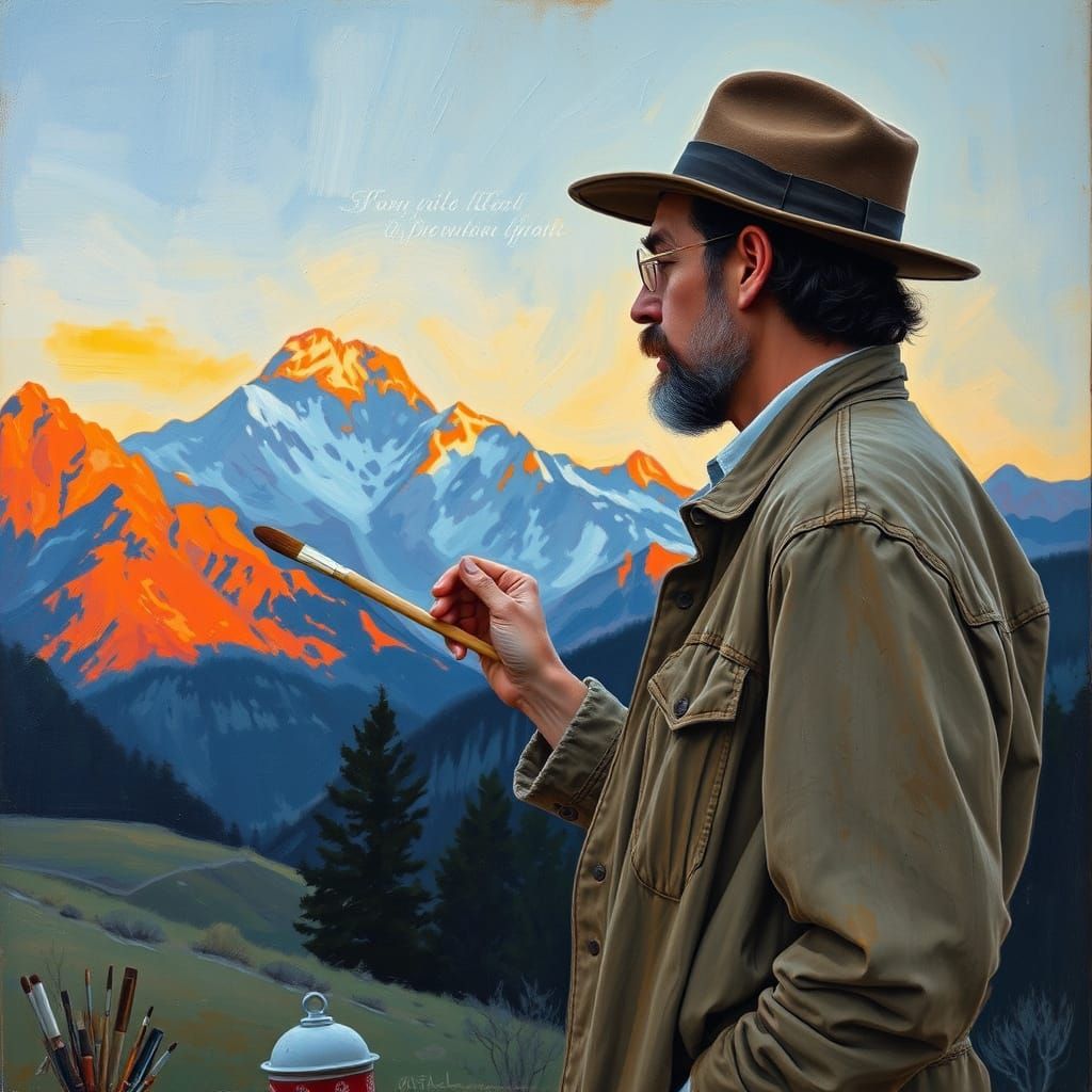 Painter Applies Impasto to Mountain Range at Dusk