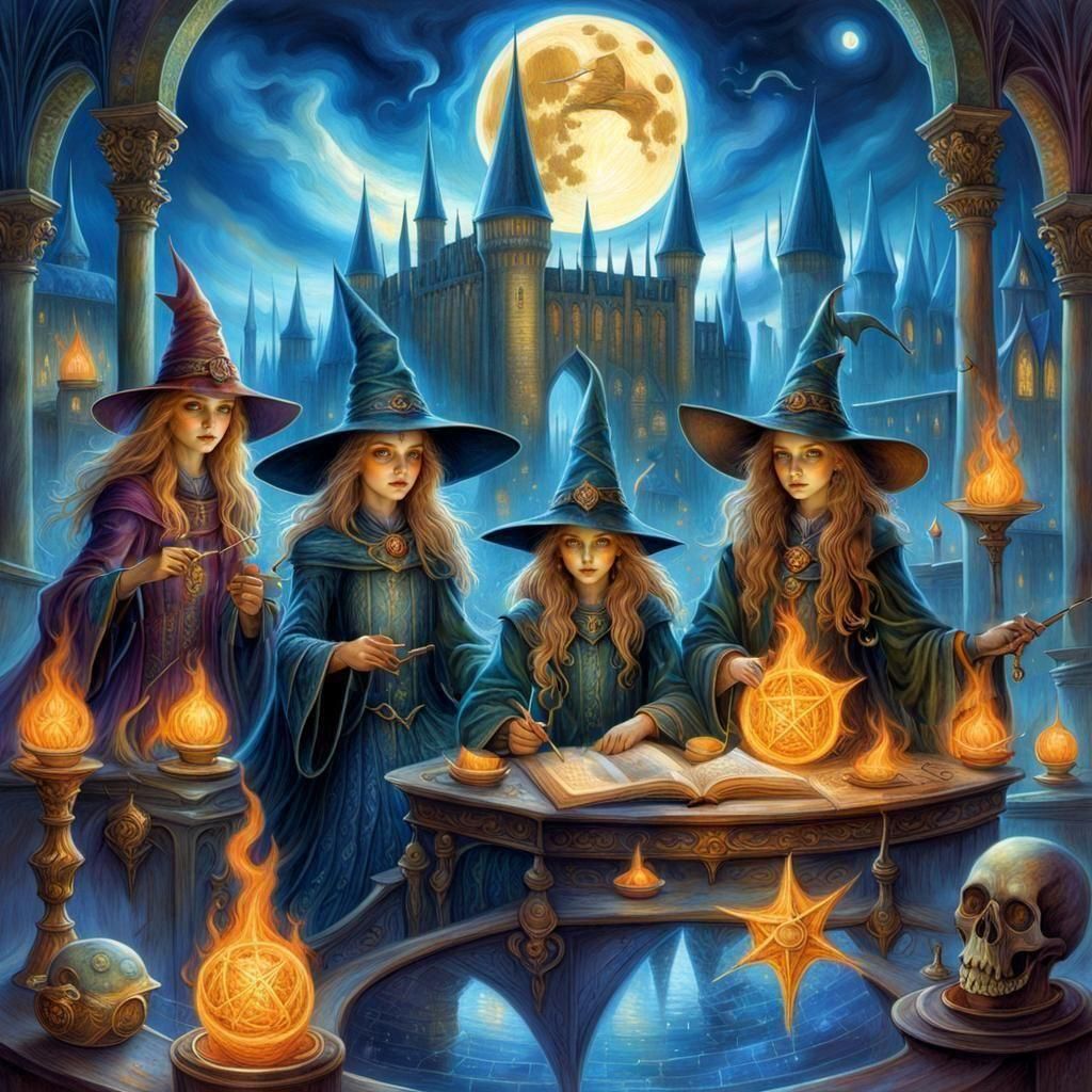 Young Witches Practicing Magic at Hogwarts Under Mage's Moon