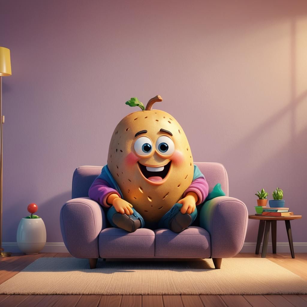 Cute Potato on Sofa: Pixar-Inspired Digital Art