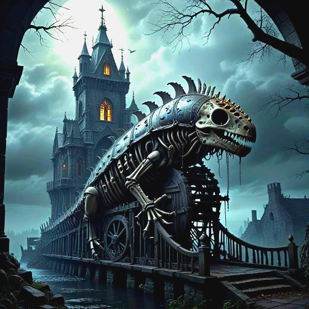 Skeletal Slug in Medieval Armor Rides Glowing Waterwheel of ...