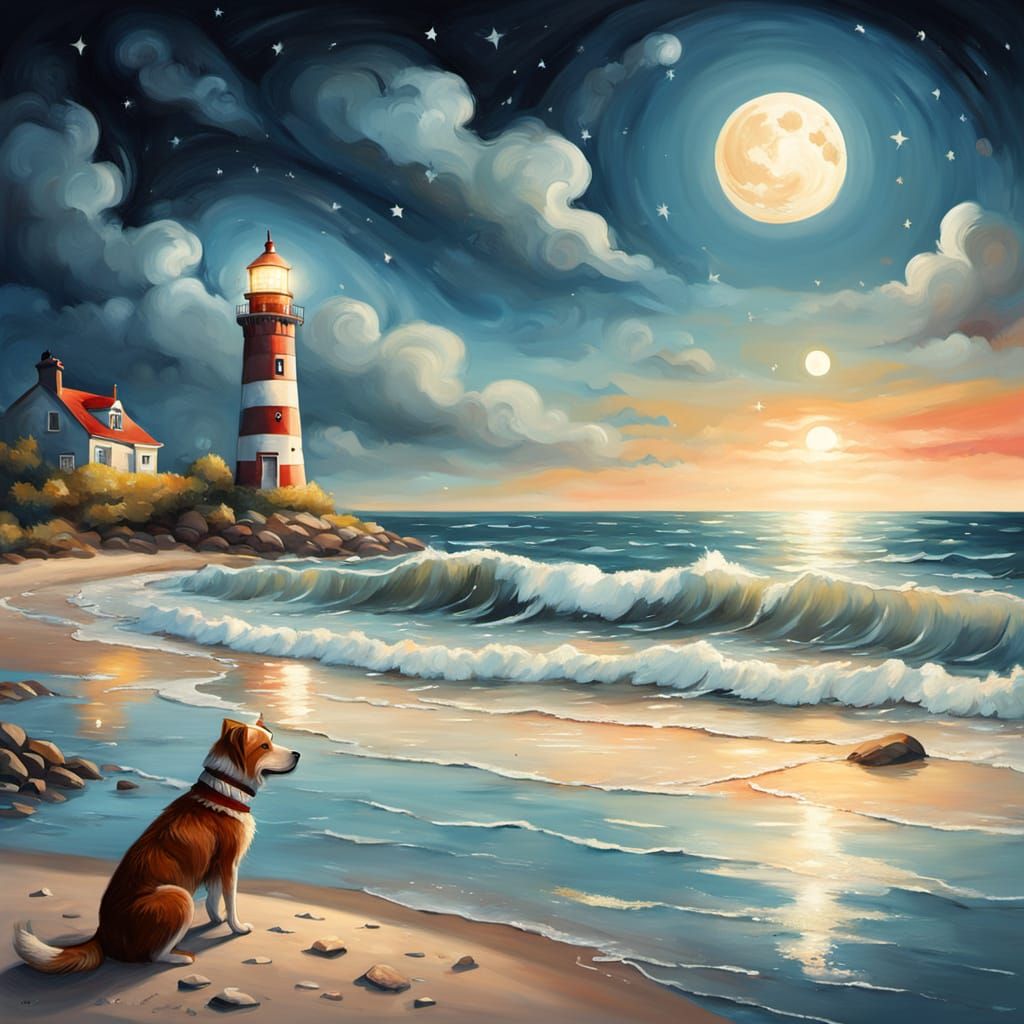 Lighthouse, Sailor, and Dog in Dreamy Surrealist Oil Paintin...