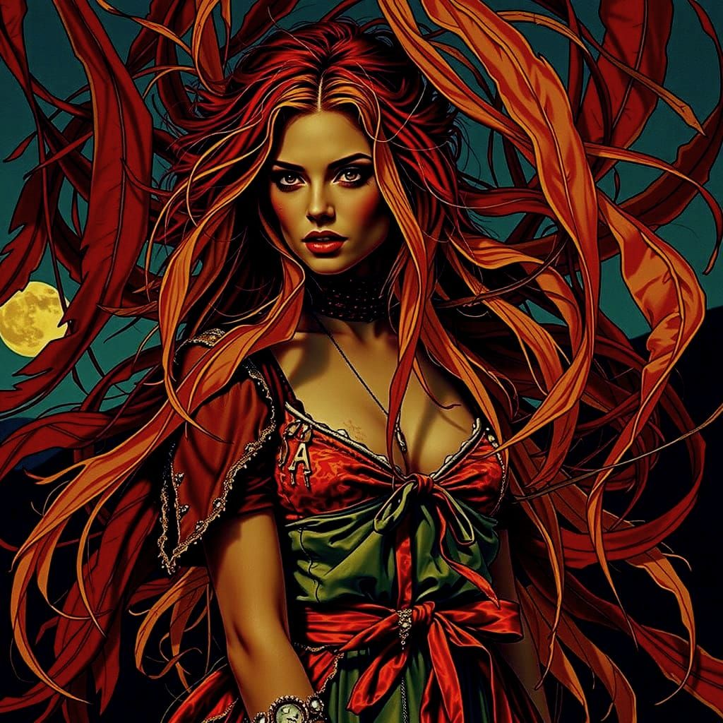 Glamorous Woman on Windswept Moor at Twilight