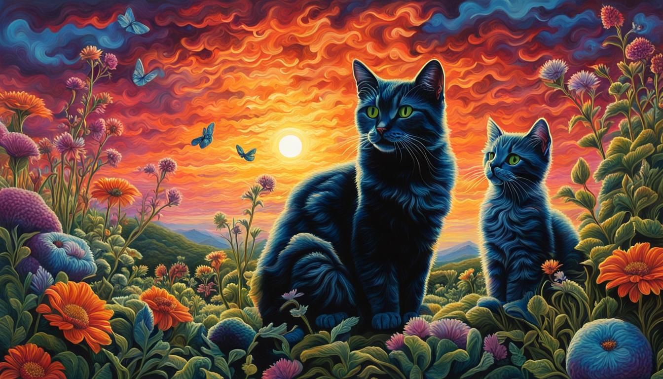 Mother Cat and Kittens in Psychedelic Herb Garden