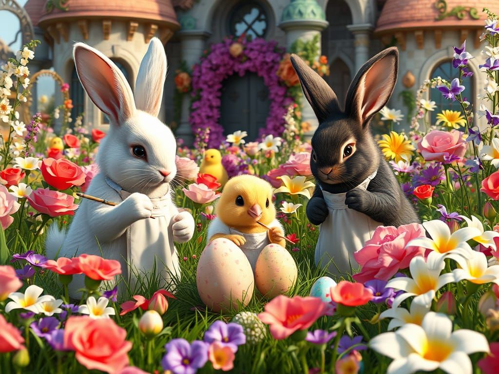 Easter Bunnies Painting Eggs in Renaissance Style
